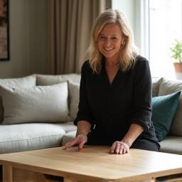 Tilfreds kunde sidder ved et skræddersyet sofabord i træ, smilende