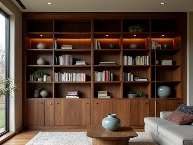 Indbygget bogreol af røget eg fra gulv til loft